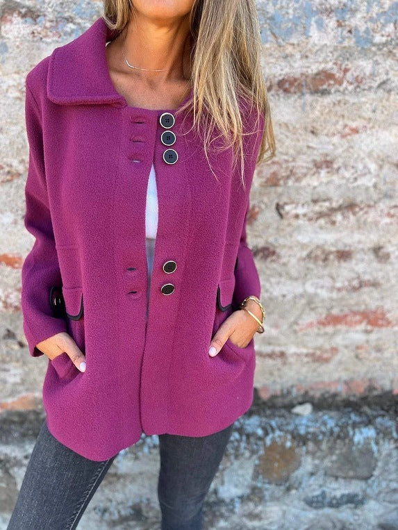 Solid Color Polo Collar Single-breasted Long Sleeve Coat