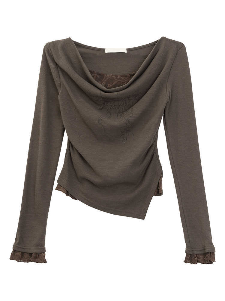 Retro Printed Swing Collar Long-sleeved T-shirt Women's Slimming False Two-piece Top