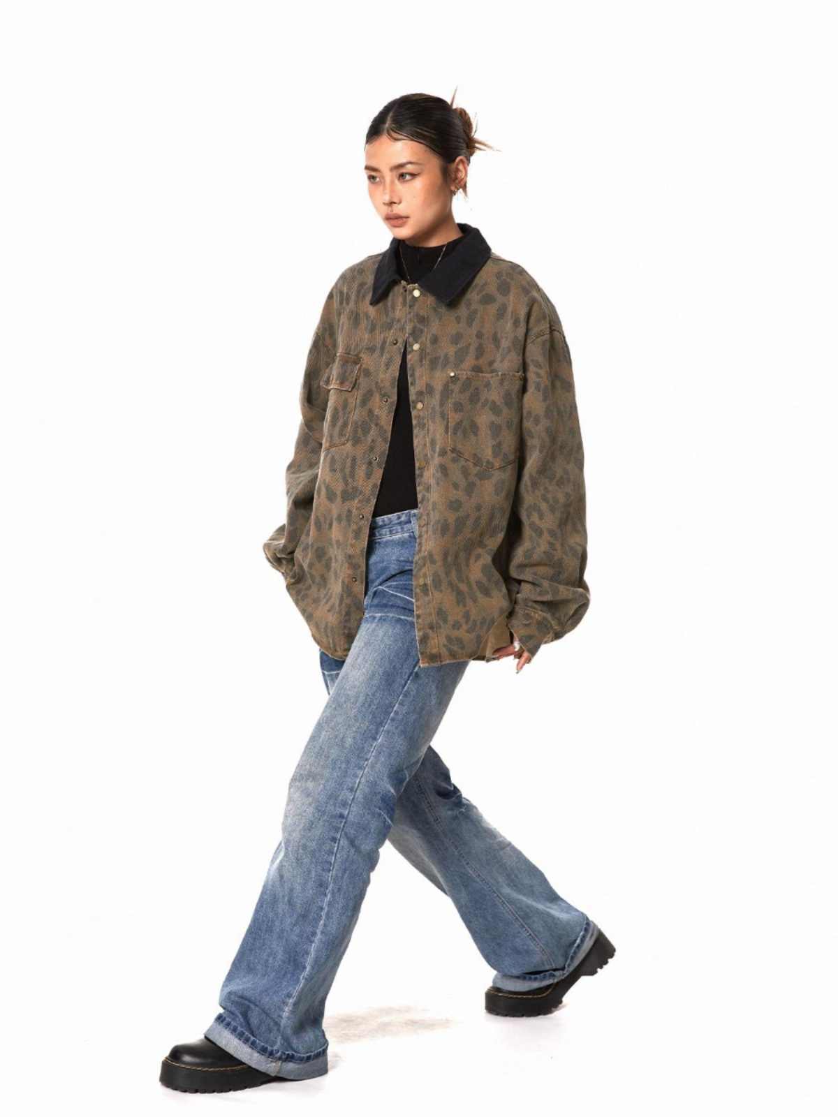 Retro Washed Leopard-print Shirt Women's Loose Distressed Coat