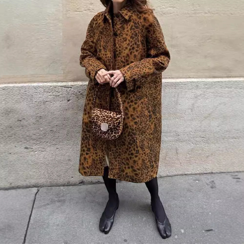 Single-breasted Animal Print Long Trench Coat