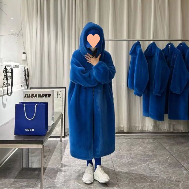 Leather Coat Overcoat Women's Long Thick Hooded Loose Young Mink-like Wool