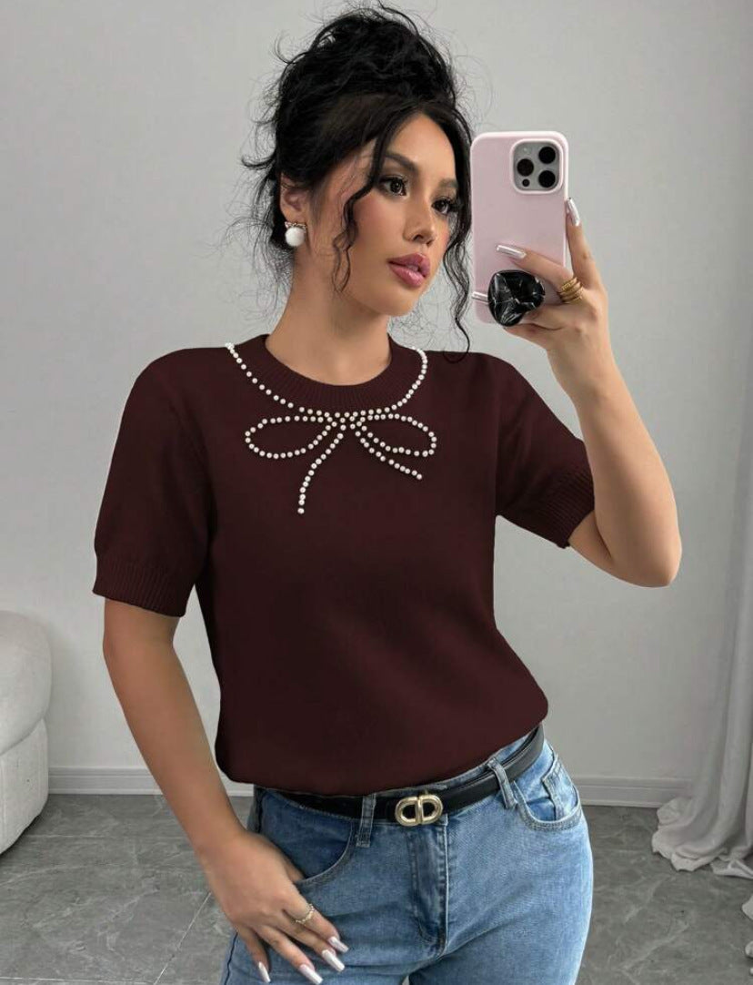 Short Sleeve Bow Rhinestone Slim Top