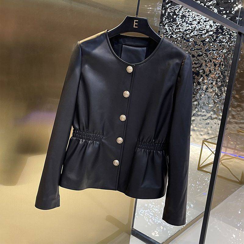 Round Neck Washed Leather Single-breasted Waist Slim Fit Coat