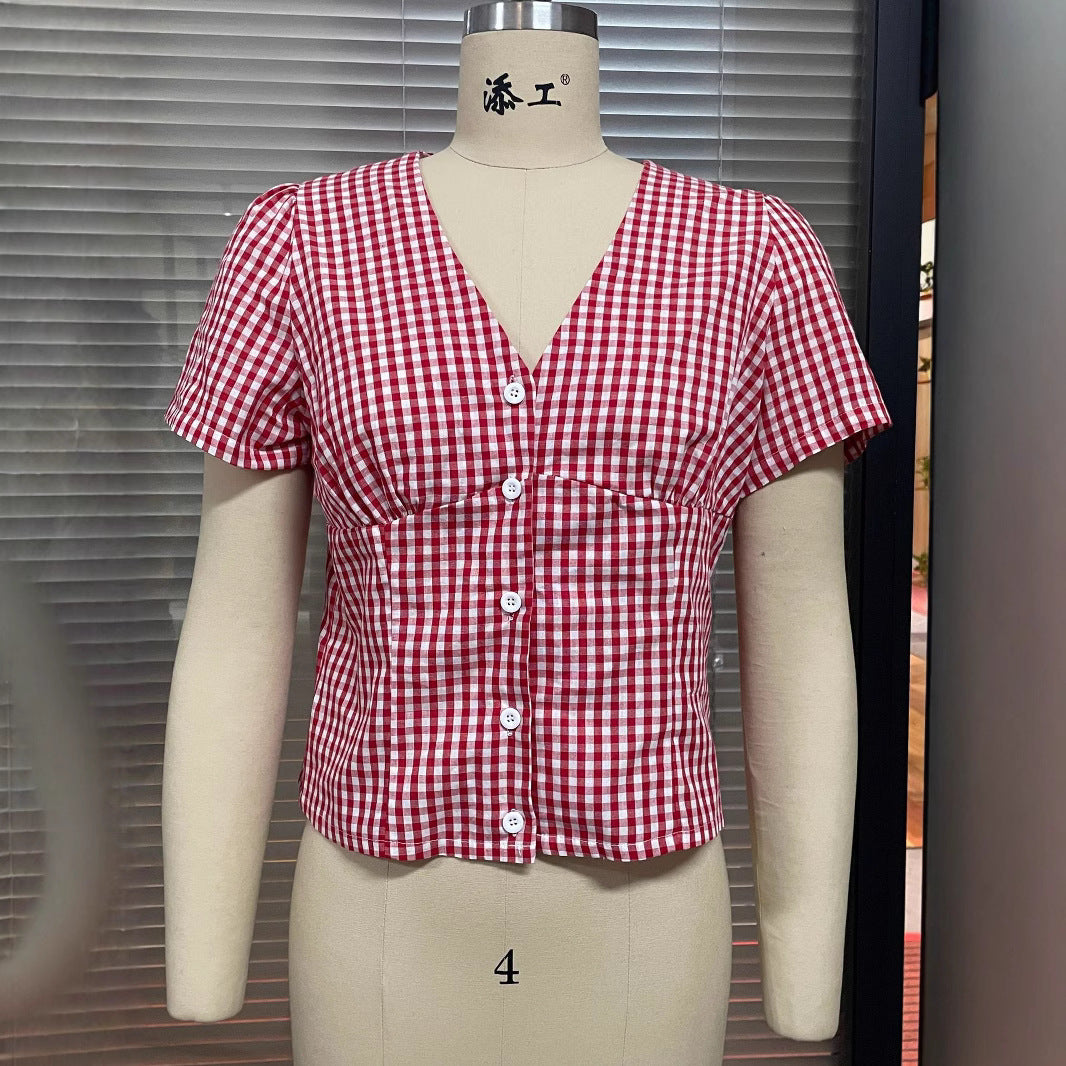Short Sleeve Plaid Button Shirt Top Clothing