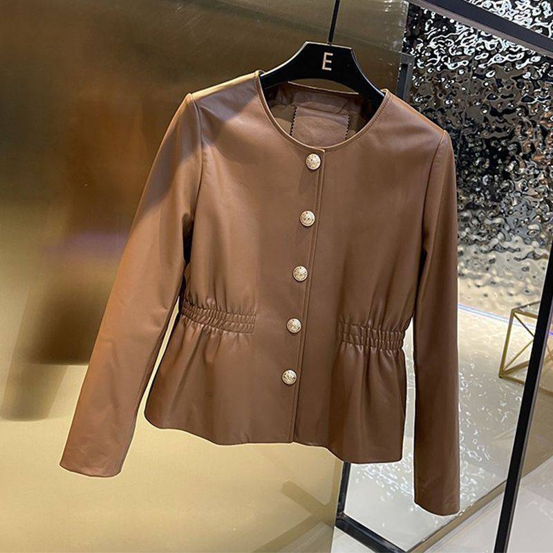 Round Neck Washed Leather Single-breasted Waist Slim Fit Coat
