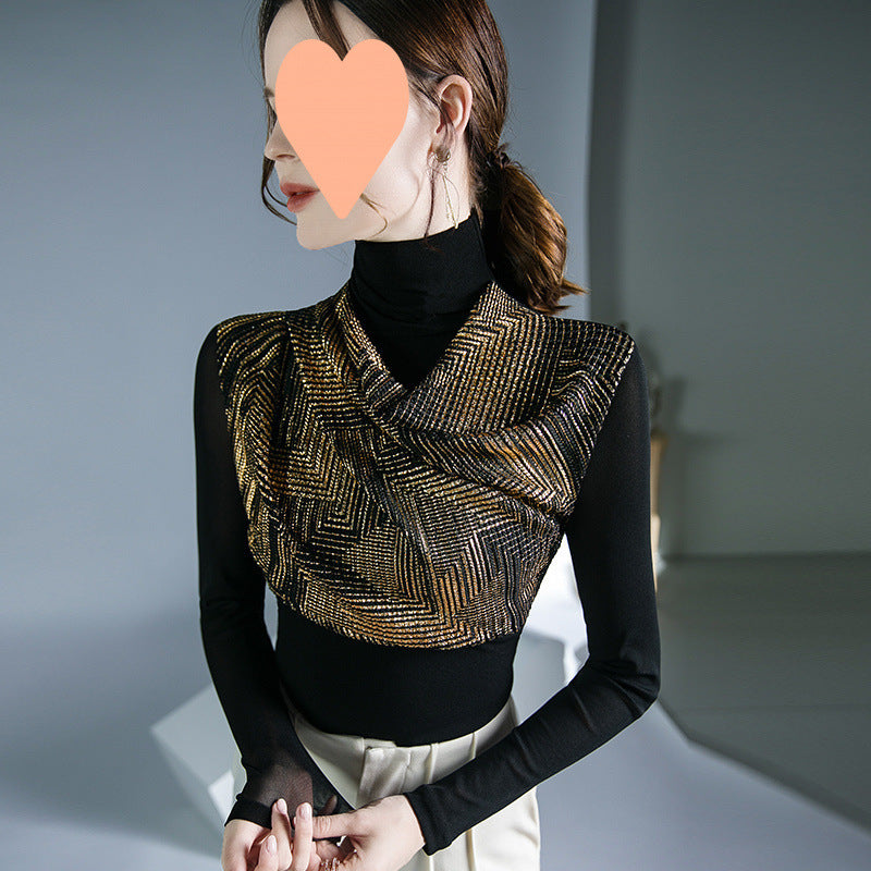 Sequin Stitching Long Sleeve Mesh Undershirt Inner Wear