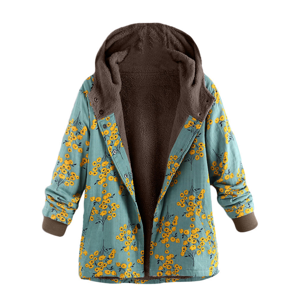 Retro flower print plus size hooded jacket top