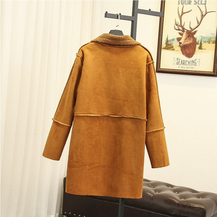 Women's Winter Wear Lapel Padded Warm Lamb Wool Coat Mid-Length Suede Coat Coat