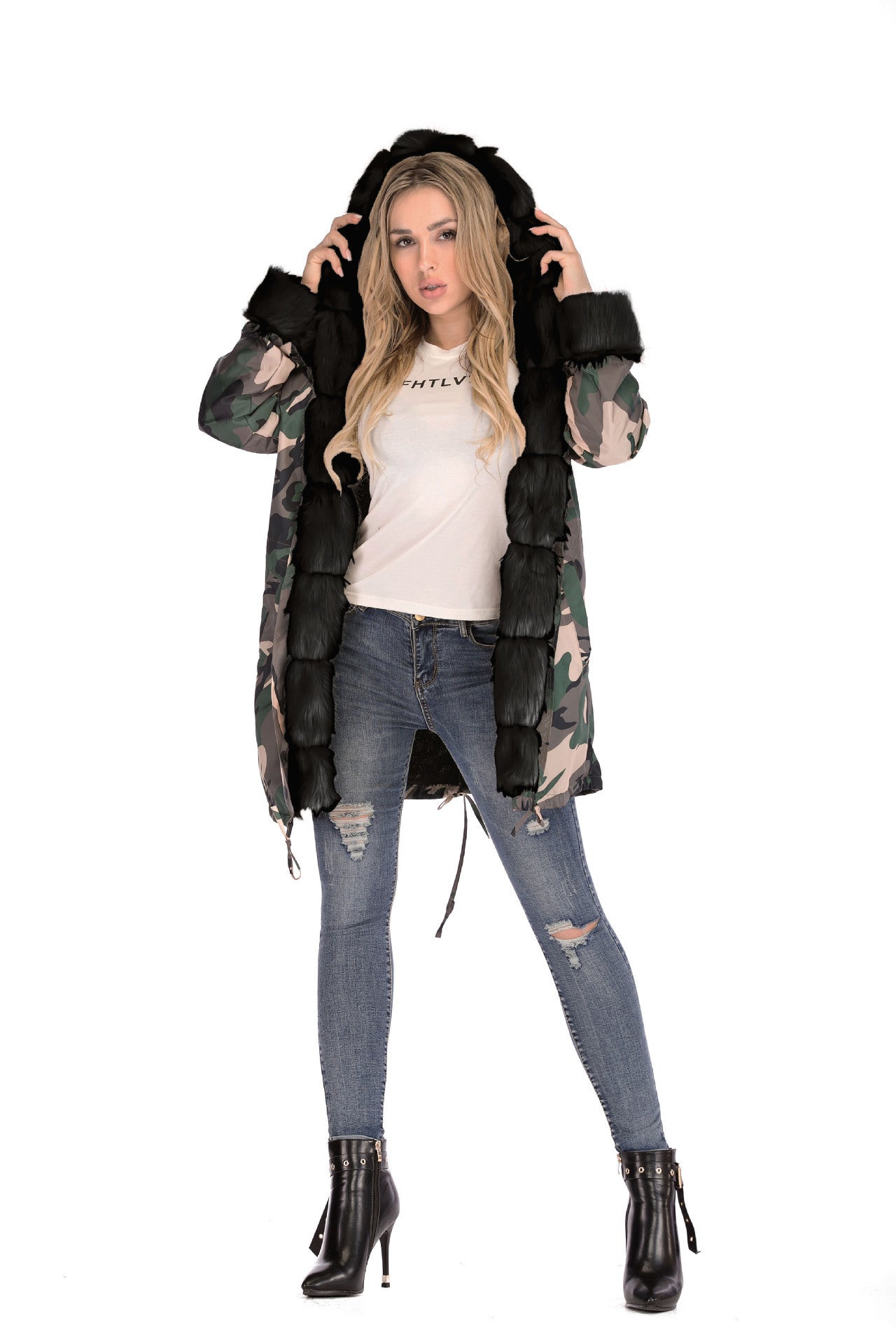 Camouflage plush fur collar warm cotton jacket
