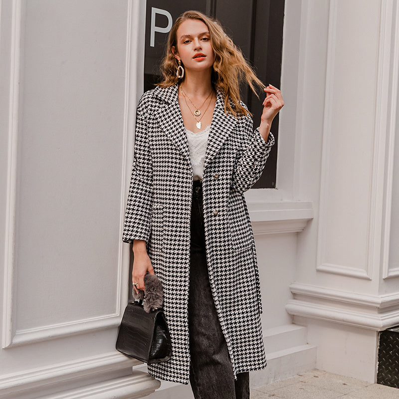Black and white plaid wool coat