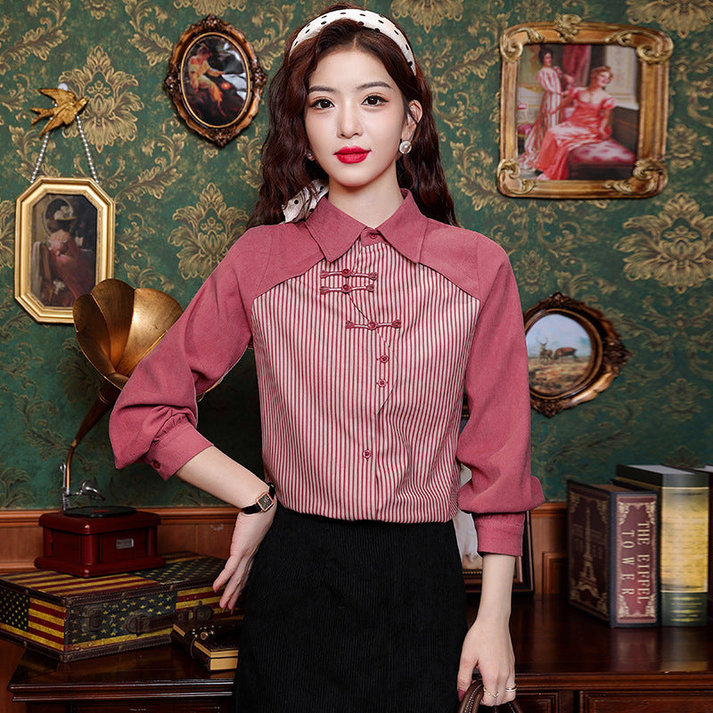 Women's Retro Fake Two-piece Long-sleeved Shirt