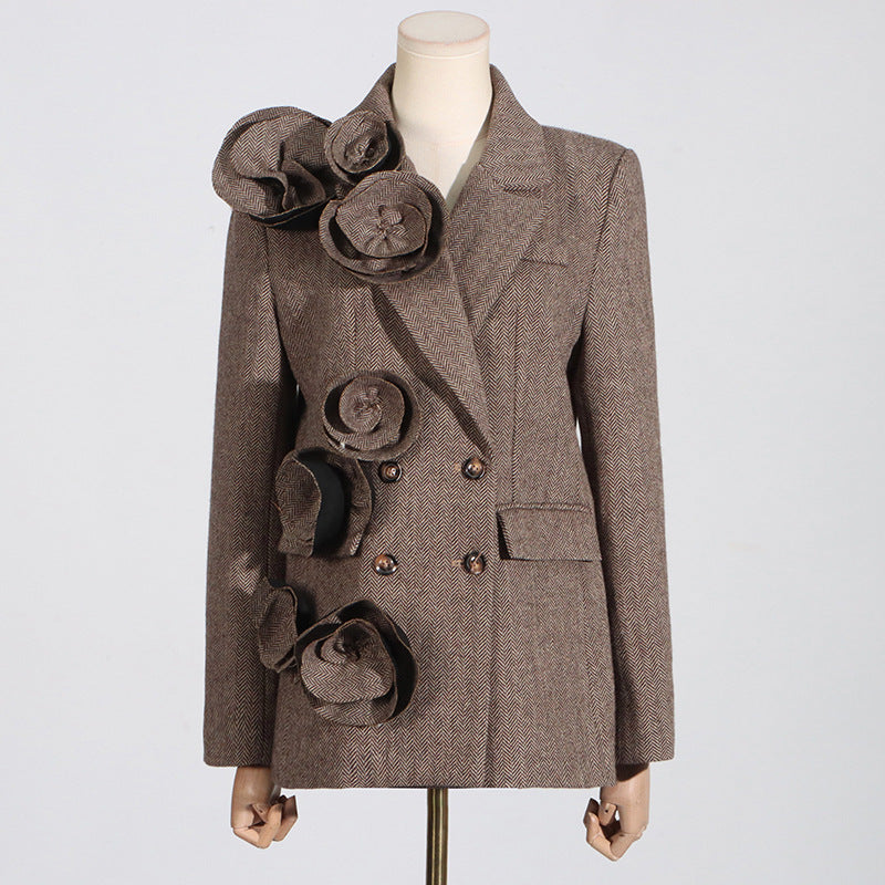 Temperament Commute Style Handmade Three-dimensional Flower Decoration Stitching Double-breasted Women's Suit Jacket