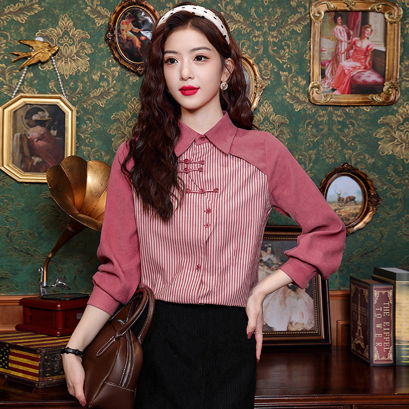 Women's Retro Fake Two-piece Long-sleeved Shirt