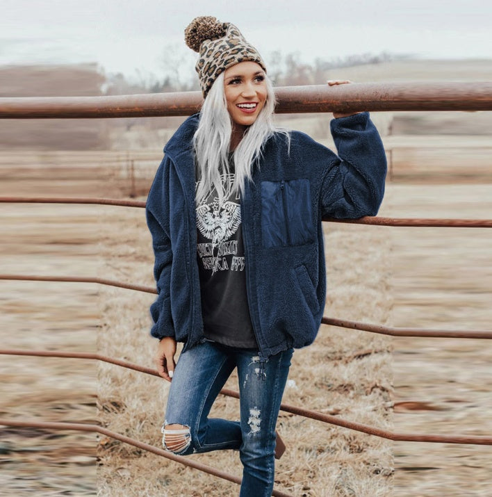 Fashion Women's Zipper Loose Thick Woolen Coat