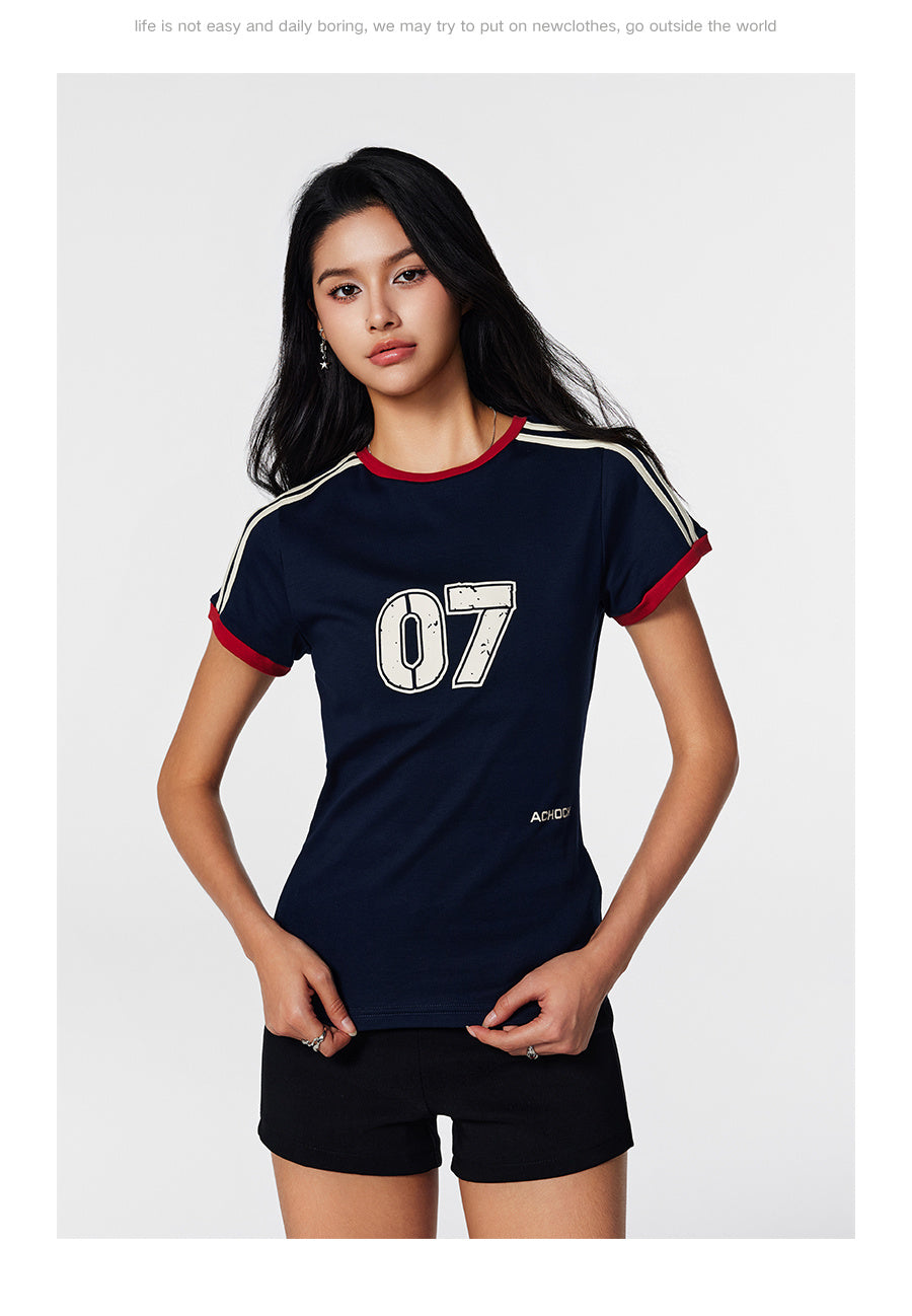 Retro Women's Contrast Color Striped Stitching Short Sleeve