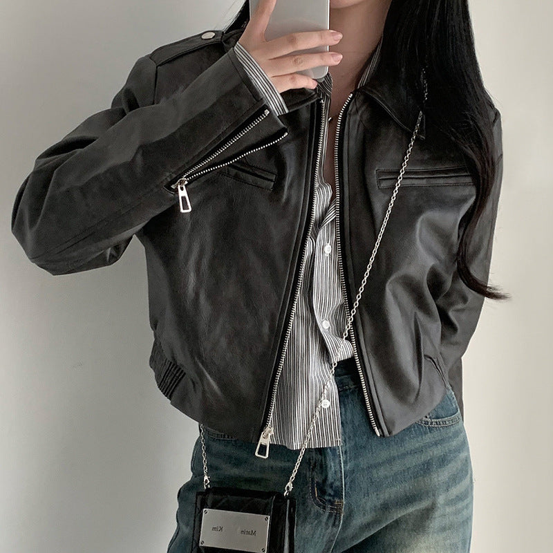 Solid Color Zipper Small Loose Lapels Fashion American Leather Coat Women's