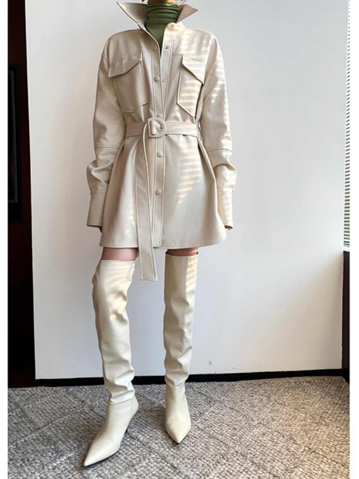 Retro White Shirt Leather Coat Women's Mid-length Cinched Blouse