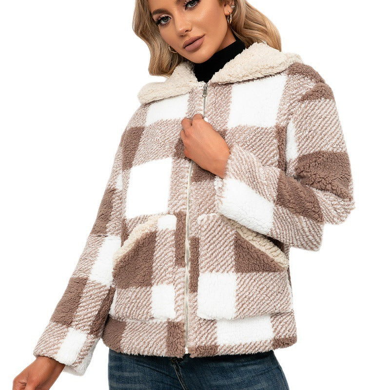 Casual Check Plush Lapel Jacket Lamb Fleece Check Pocket Top