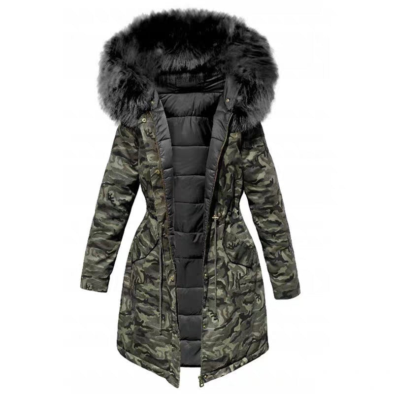 Plush Thick Coat Loose Big Fur Collar Mid-length Camouflage Cotton