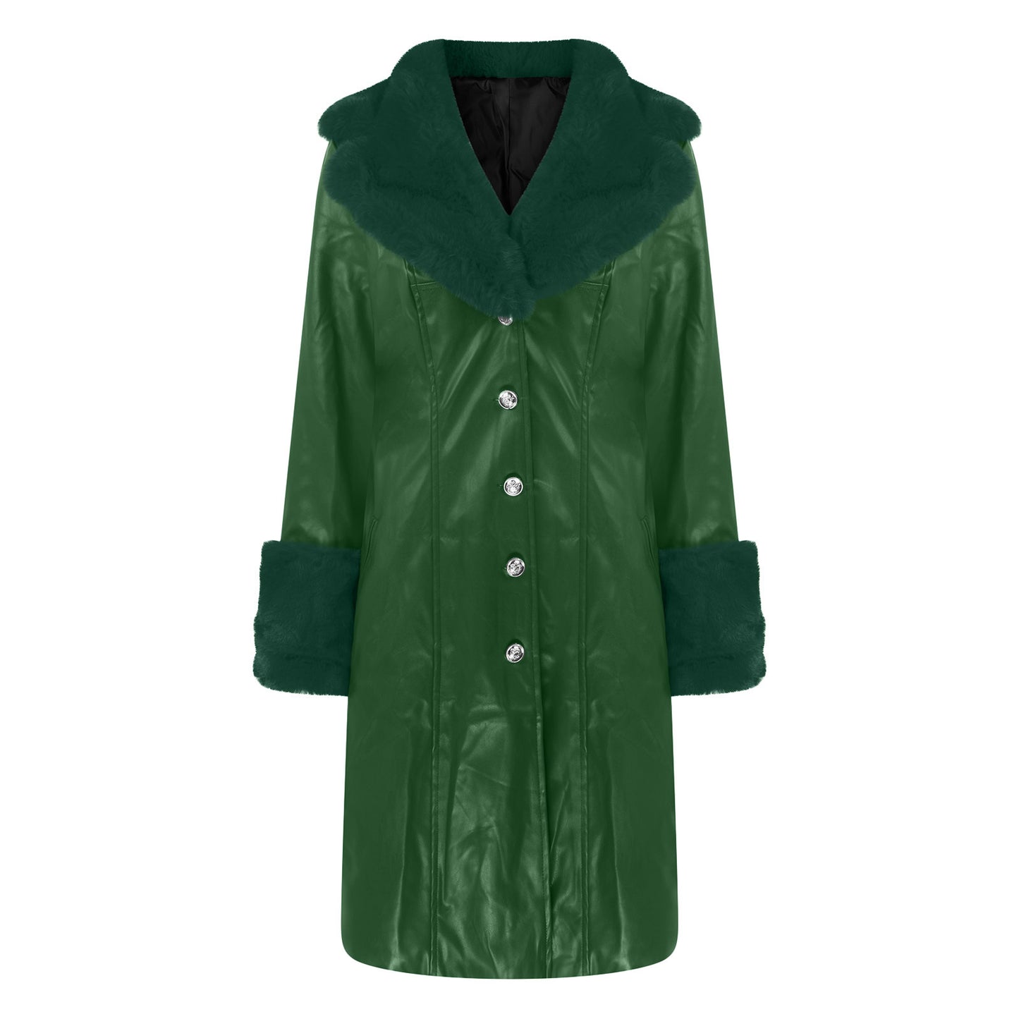 Lapel Long Coat Fur Collar Temperament Zipper Women PU Jacket