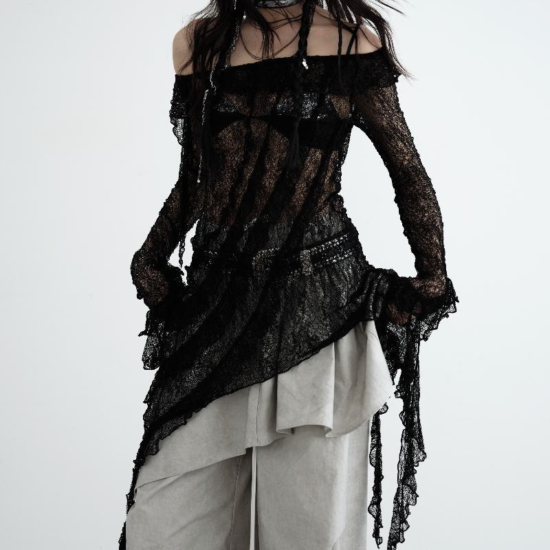 Ruffled Off-the-shoulder Hollow-out Cool Stretch Sun Protective Blouse