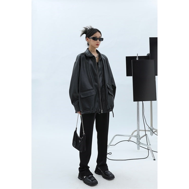 Women's Loose Retro Leather Jacket With Details