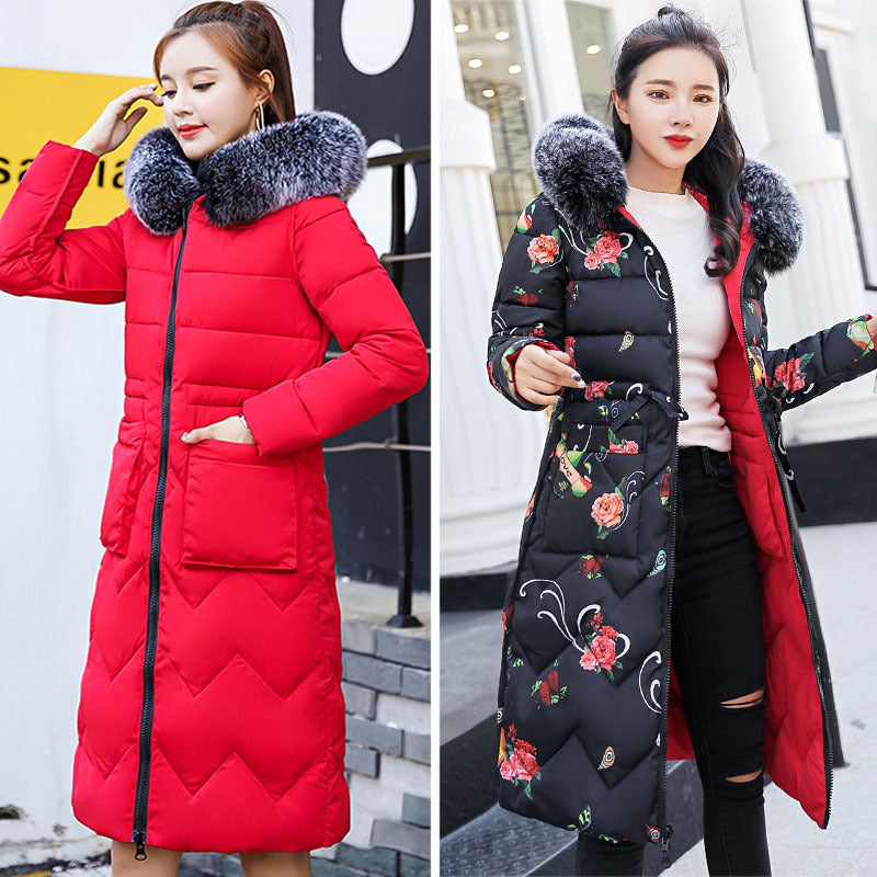 Women's long down jacket with large hairband on both sides
