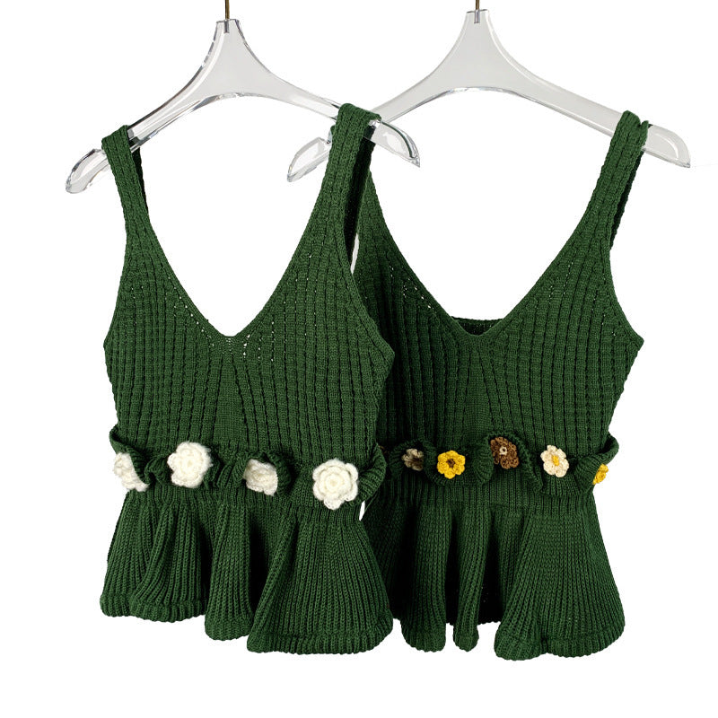 Retro French Handmade Crochet Three-dimensional Flower Top