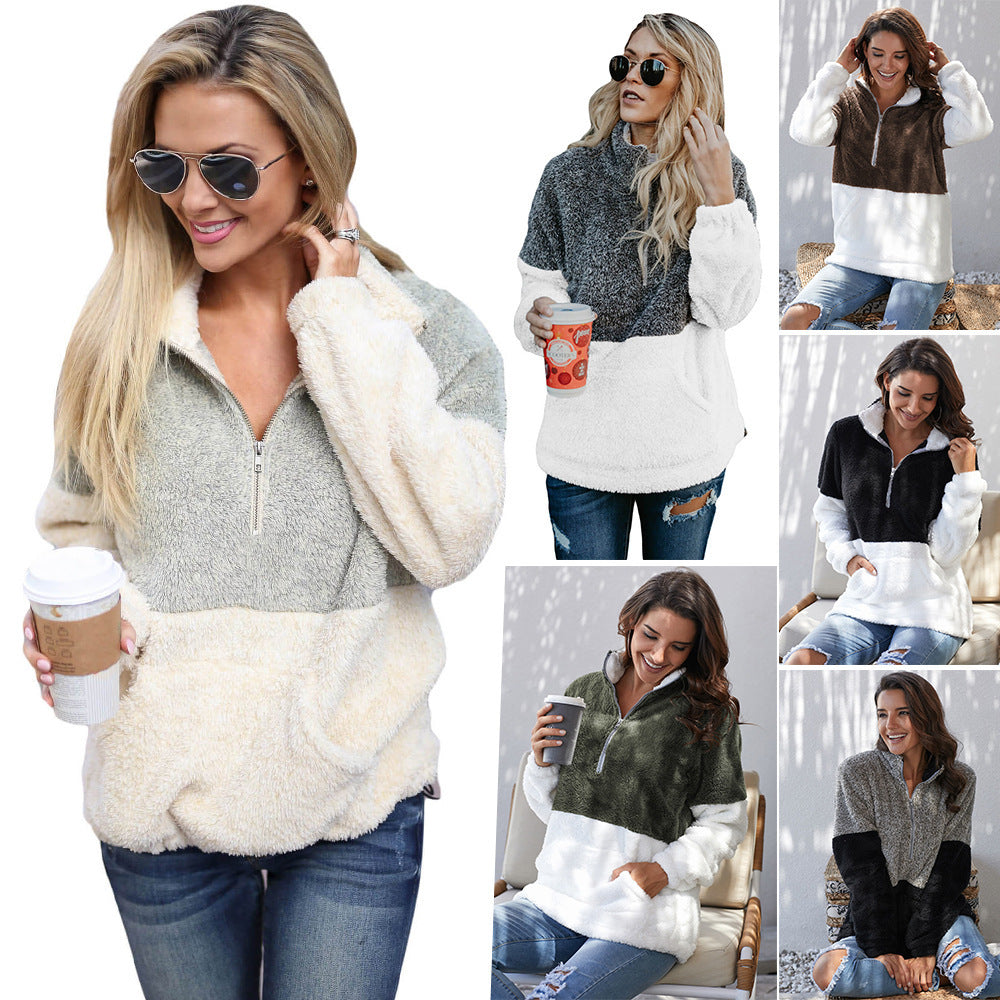 New contrast color thick plush wool pullover