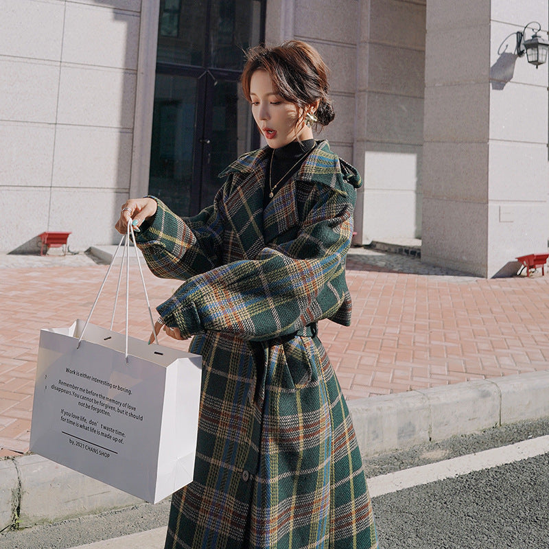 Women's Autumn And Winter New Temperament Long Woolen Plaid Coat Jacket