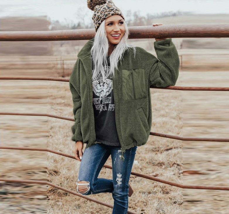 Fashion Women's Zipper Loose Thick Woolen Coat