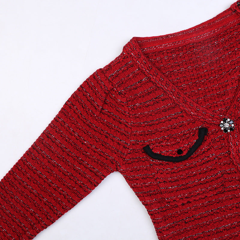 Long Sleeve V-Neck Gold Stripe Slim Mid-Length Red Knit Dress