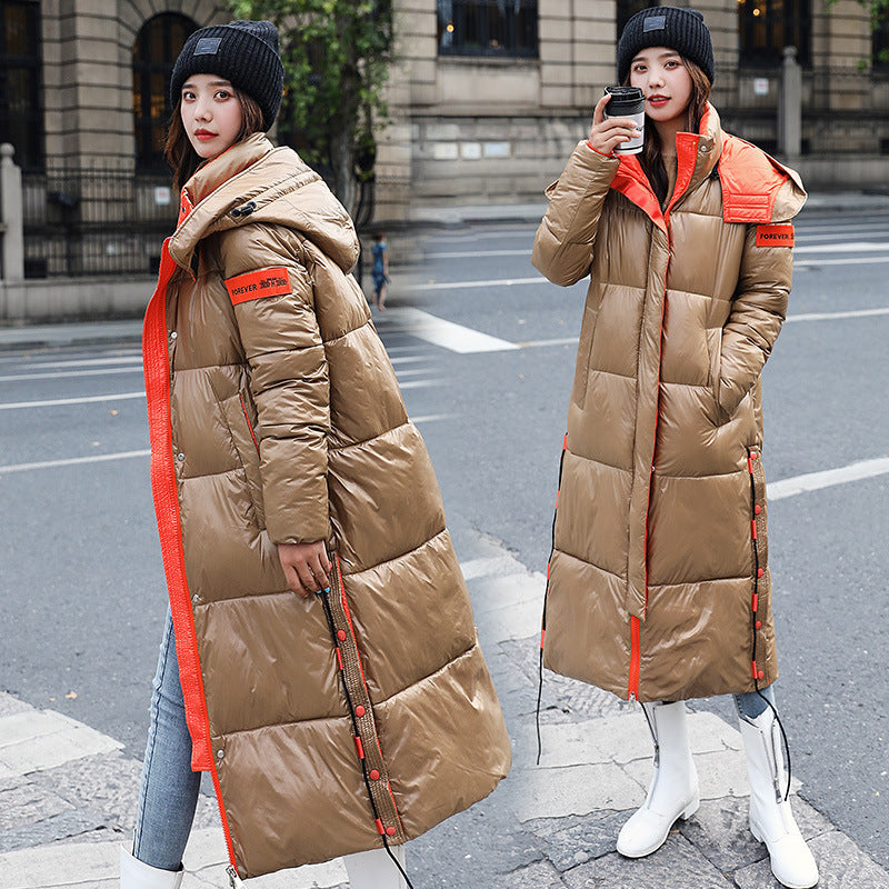 Shiny face down padded jacket women long over the knee