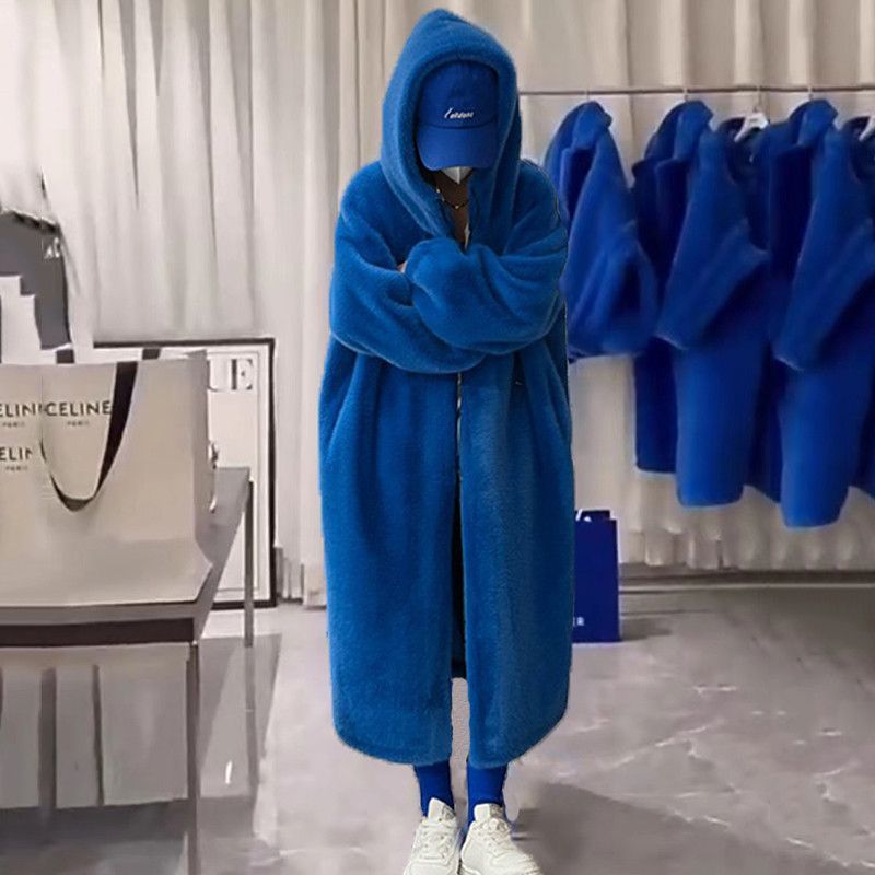 Leather Coat Overcoat Women's Long Thick Hooded Loose Young Mink-like Wool