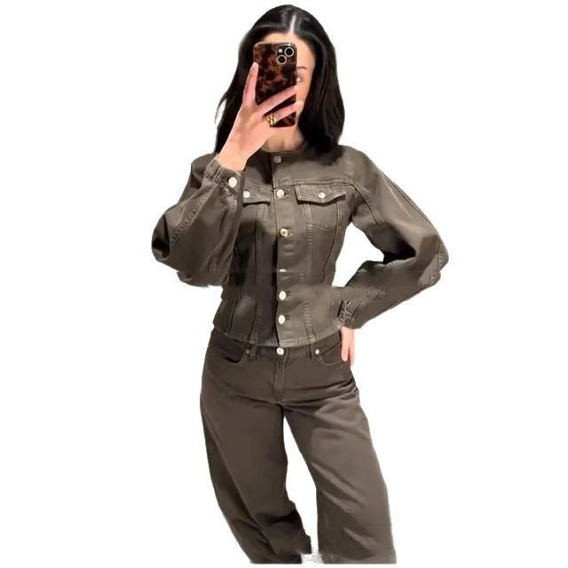 Single-breasted Denim Suit Wide-leg Pants