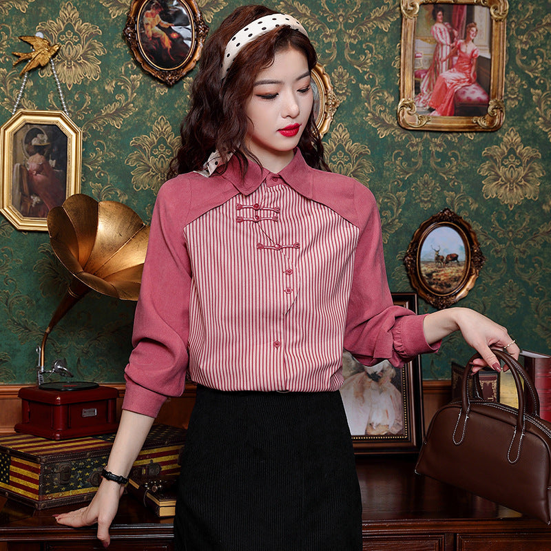 Women's Retro Fake Two-piece Long-sleeved Shirt