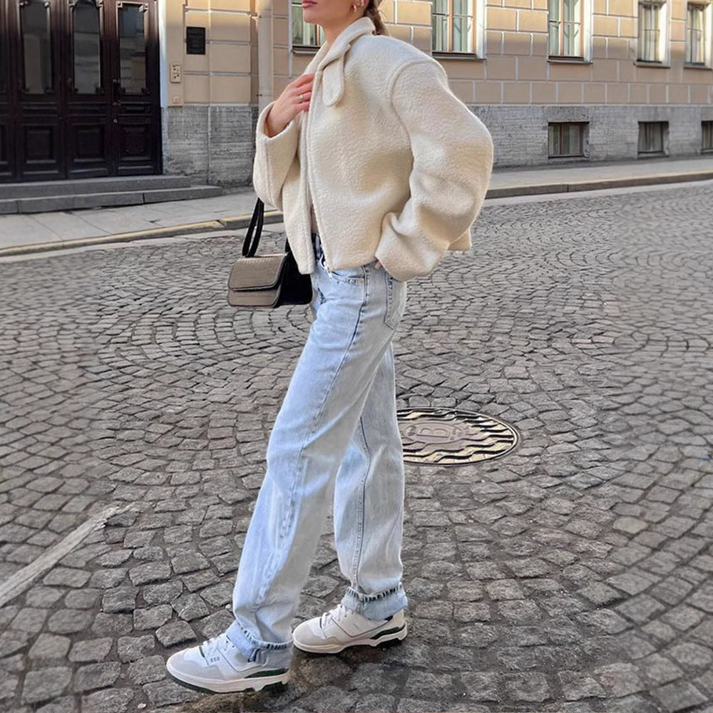 Solid Color Short Lamb Wool Thickened Autumn And Winter Warm Casual Jacket Coat