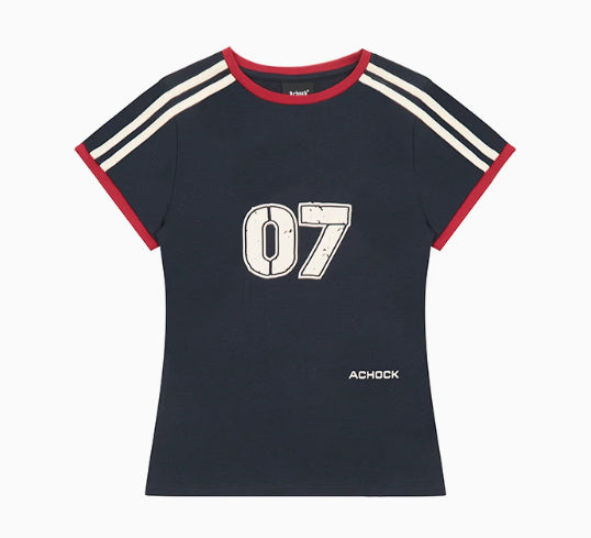 Retro Women's Contrast Color Striped Stitching Short Sleeve
