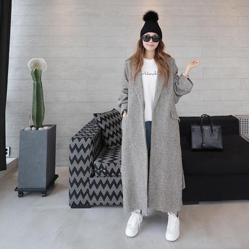 Women's Woolen Coat Long Herringbone Pattern Loose