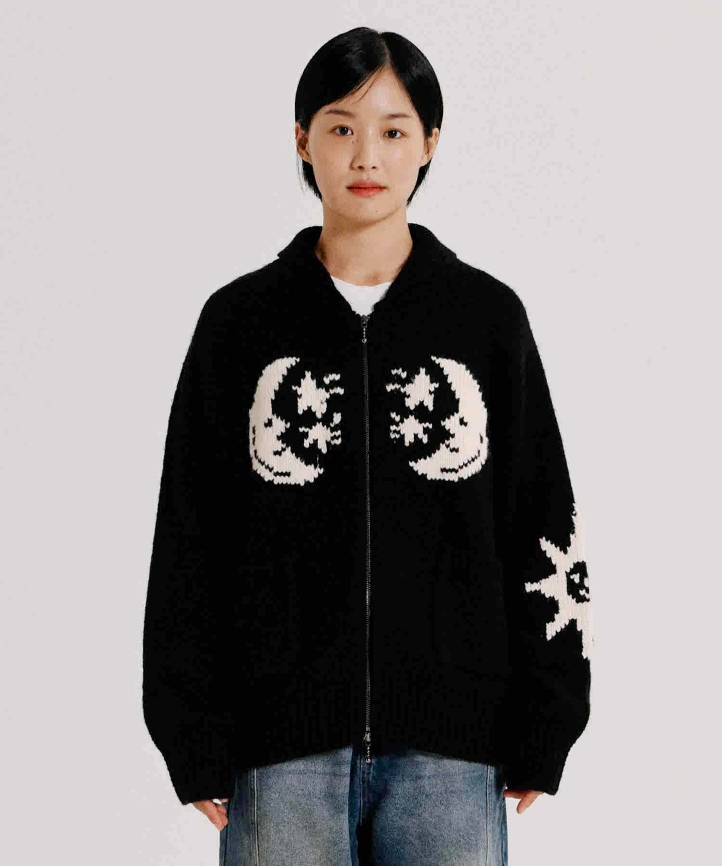 Star Moon Jacquard Lapel Zipper Knitted Cardigan Sweater