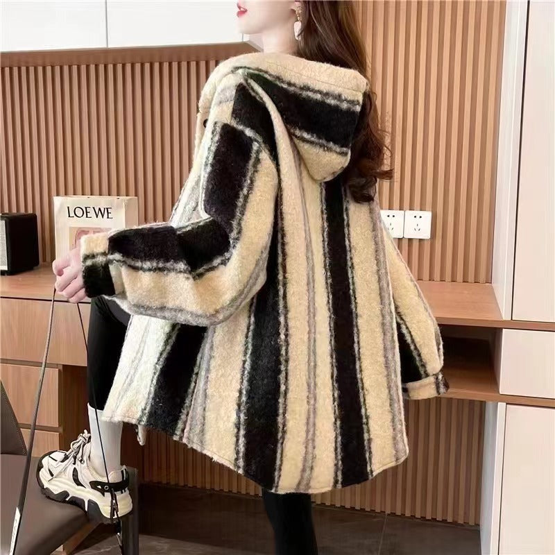 Women's Korean-style Winter Hooded Profile Striped Woolen Coat