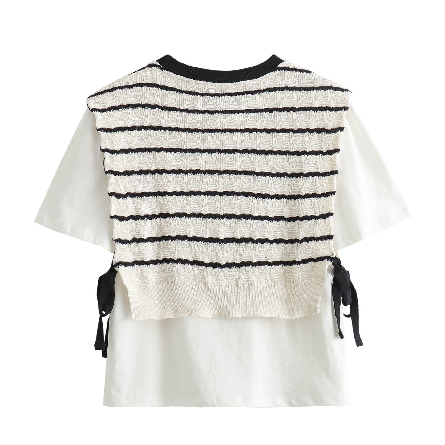 Round Neck Knitted Stitching Fake Two-piece Stripes Short Sleeve T-shirt Top