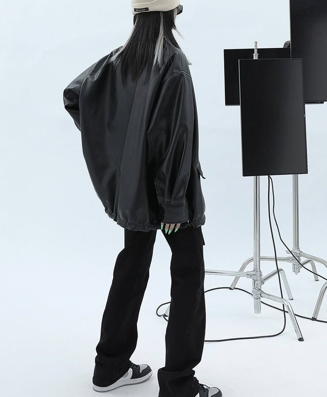 Women's Loose Retro Leather Jacket With Details