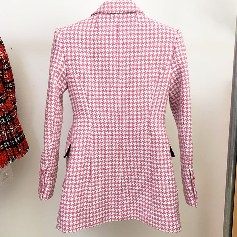 Pink Houndstooth Wool Coat Retro Double-breasted