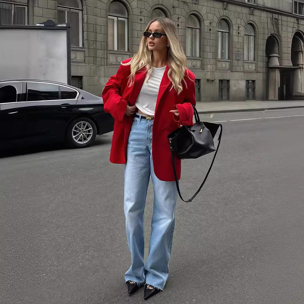 Feminine Style Shoulder Pad Loose Collar Pocket Jacket