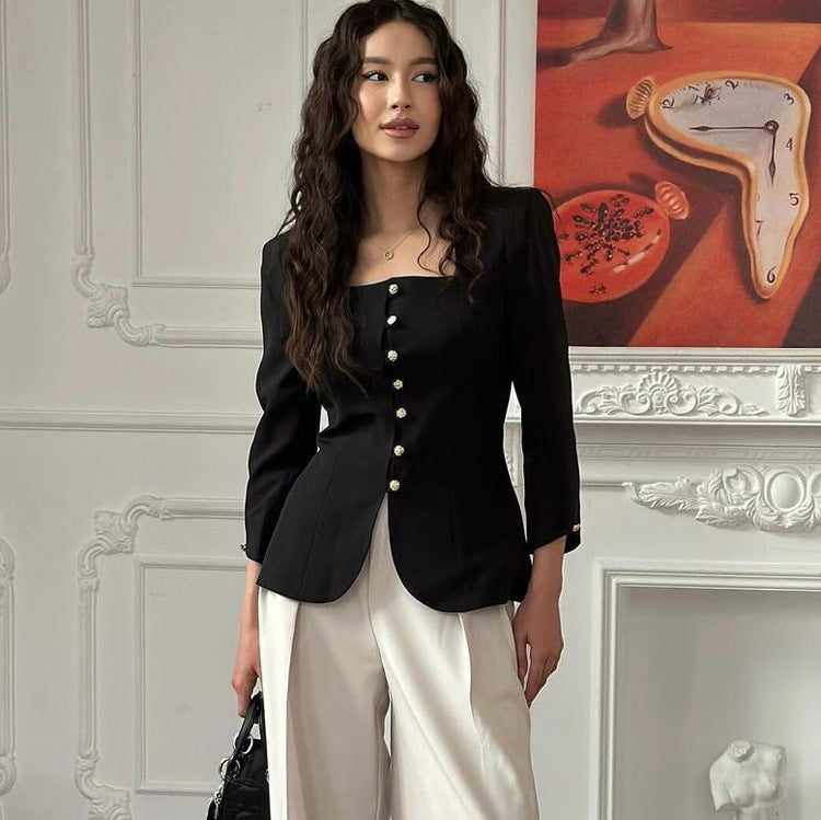 Square Collar Slimming Black Coat