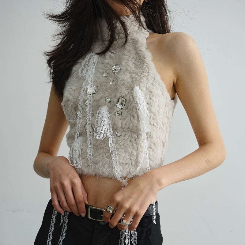 Soft And Adorable Fur Lace Tassel Light Diamond Vest