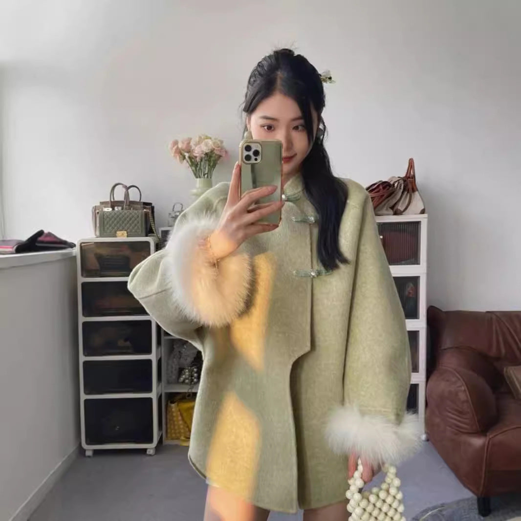 Zhongshan Buckle Stand Collar Woolen Coat Temperament