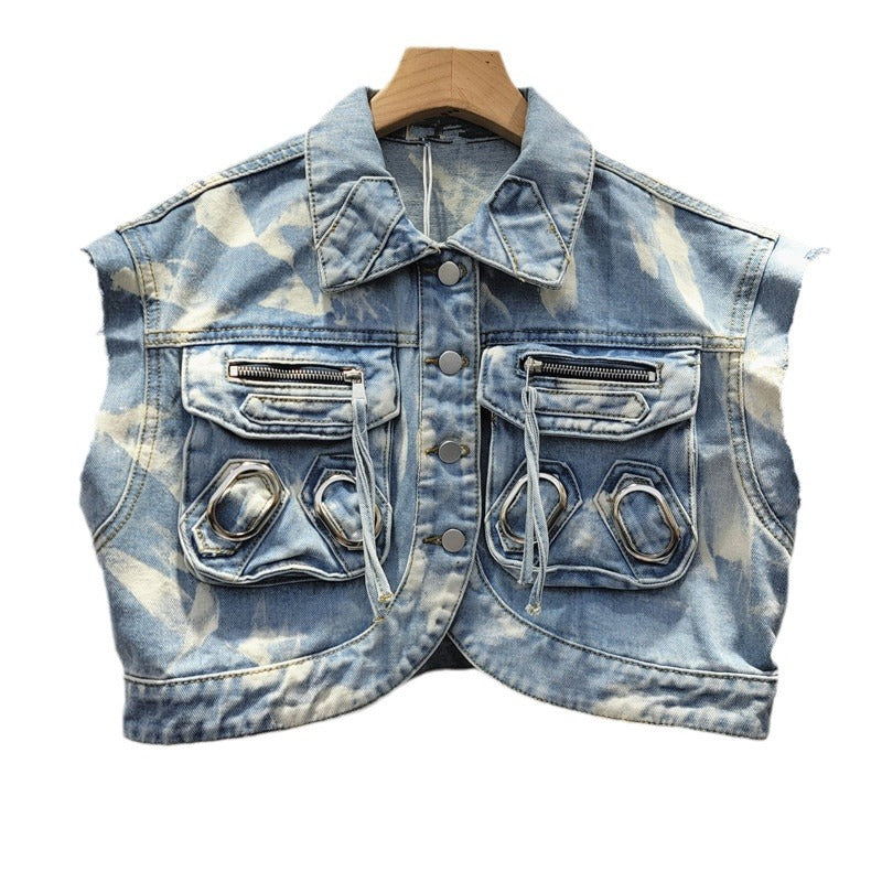 Retro Washed Distressed Workwear Short Sleeveless Denim Vest Coat For Women