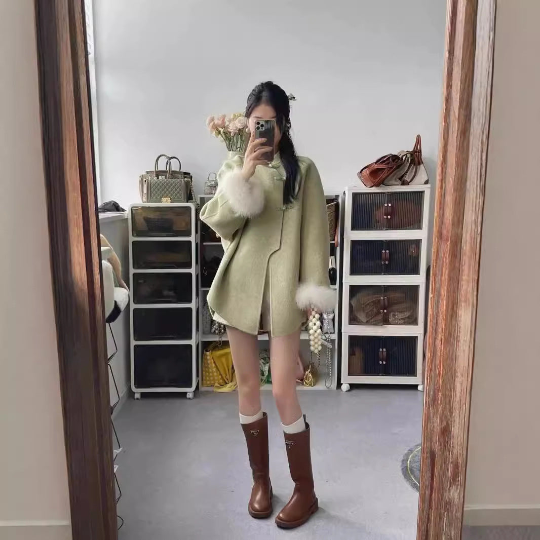 Zhongshan Buckle Stand Collar Woolen Coat Temperament
